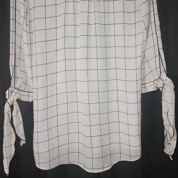 Worthington 3/4 Sleeve w Ties Medium V-Neck White Simple Stripe Polyester Sheer - Picture 7 of 13